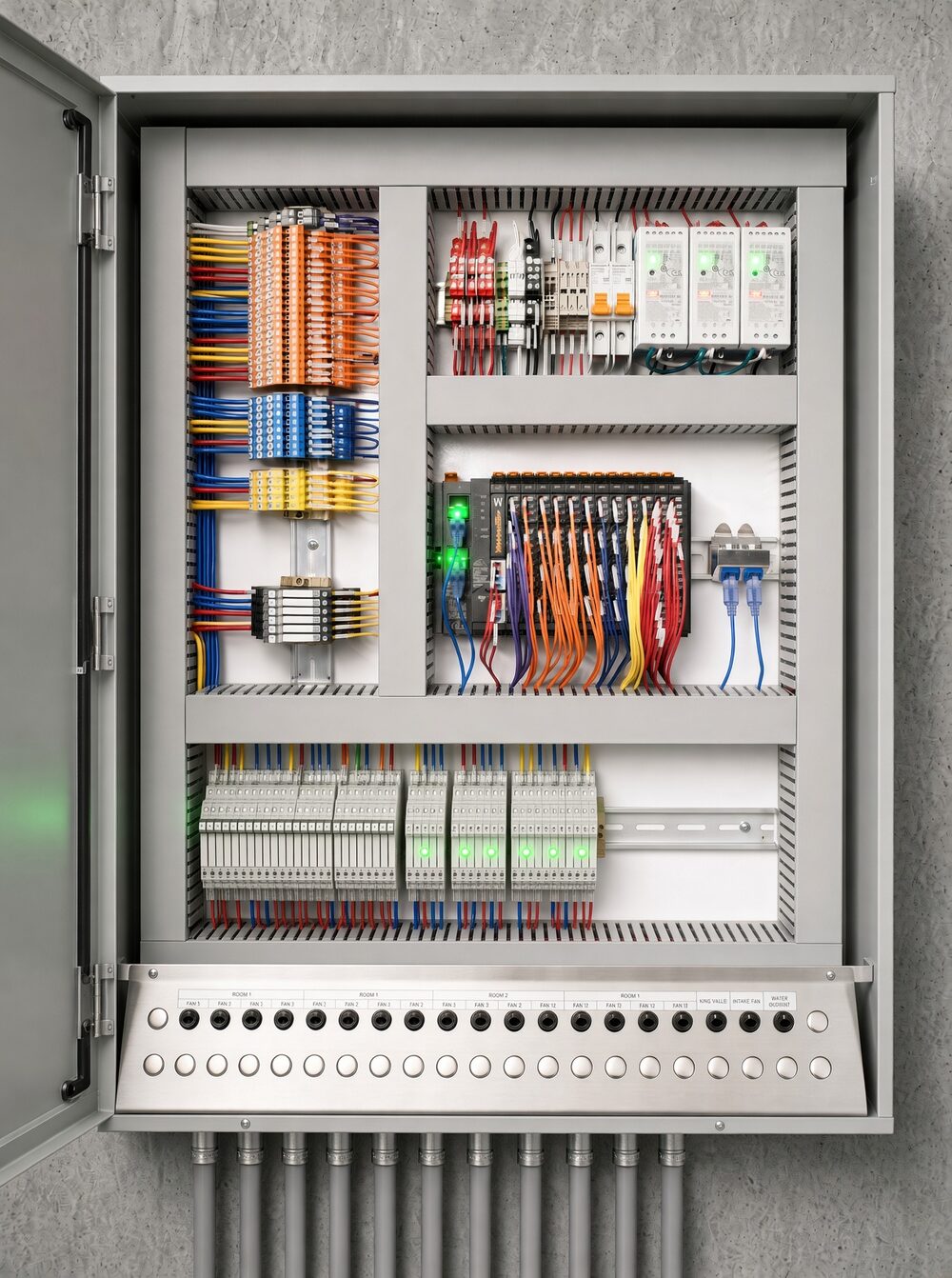 Open control panel showing Weidmüller I/O rack, color-coded terminals, slim I/O relays, and labeled field wiring