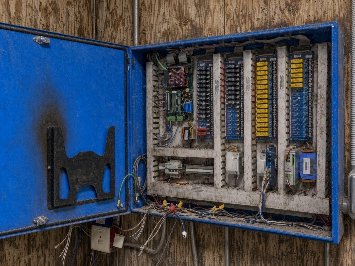 An open Logix control panel in a plant, showing proprietary I/O boards, a small embedded controller, and add-on modules